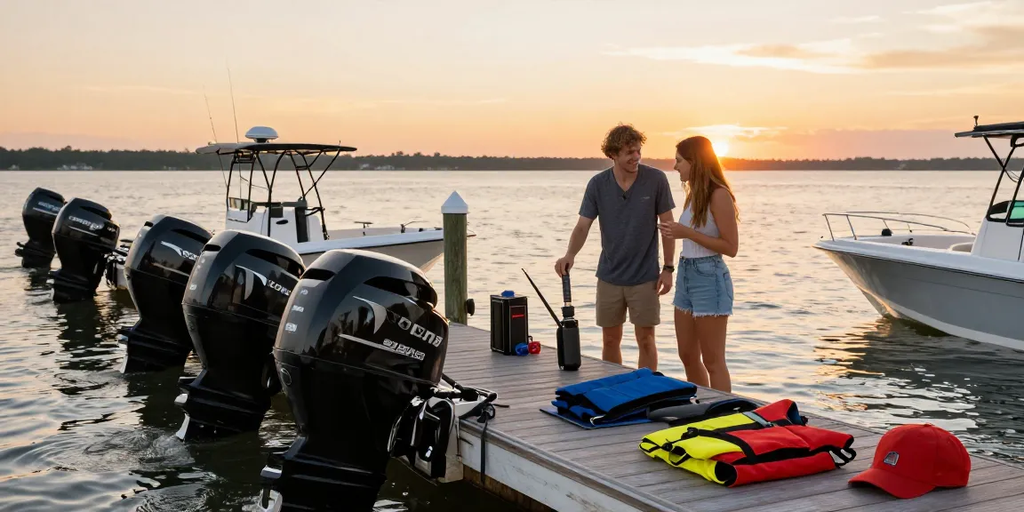 Couple preparing to buy outboard motor online at sunset dock, showcasing vibrant boating lifestyle.