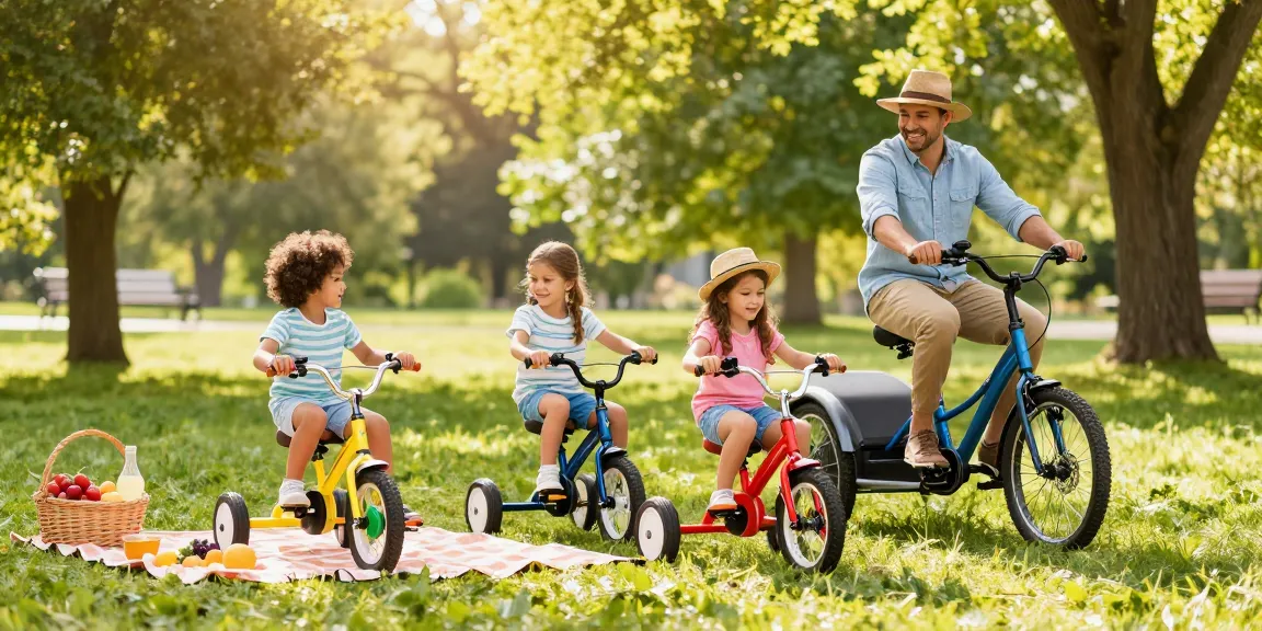 Family enjoying best electric tricycles in a sunny park, showcasing various models.