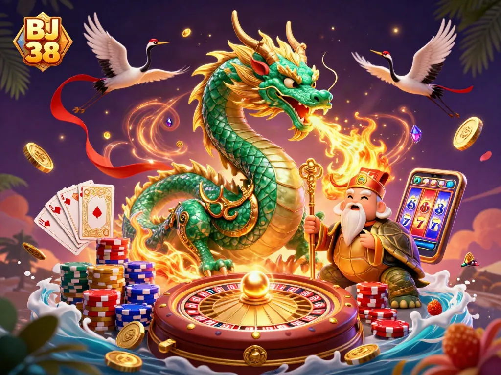 Engage with BJ 38: Experience electrifying gameplay with a jade dragon and casino elements.