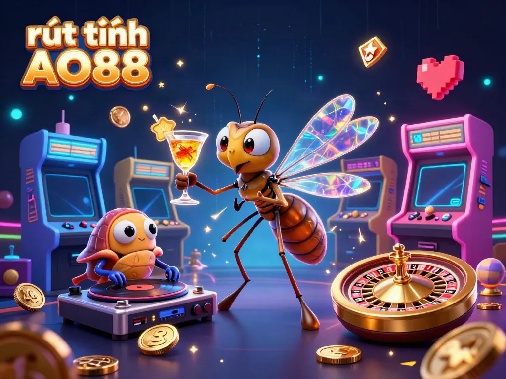 Engaging scene depicting rút tiền AO88 with a casino mascot, DJ and roulette wheel, showcasing a vibrant gambling atmosphere.