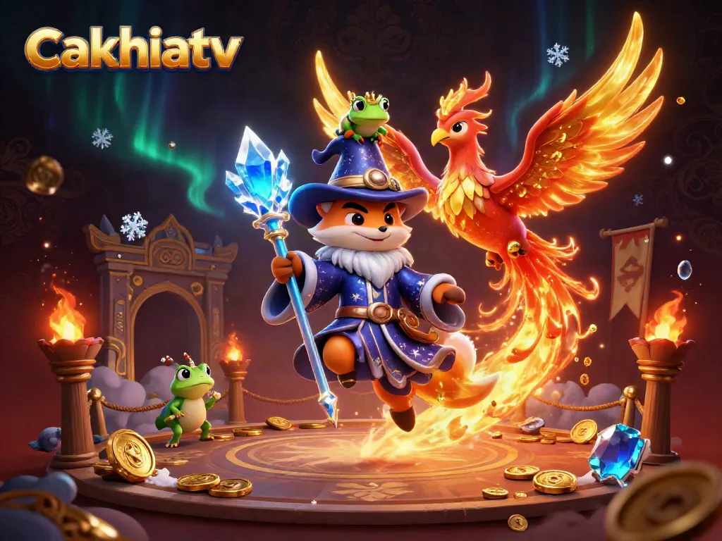 Cakhiatv features a magical wizard fox and phoenix in a vibrant casino scene, capturing dynamic energy.