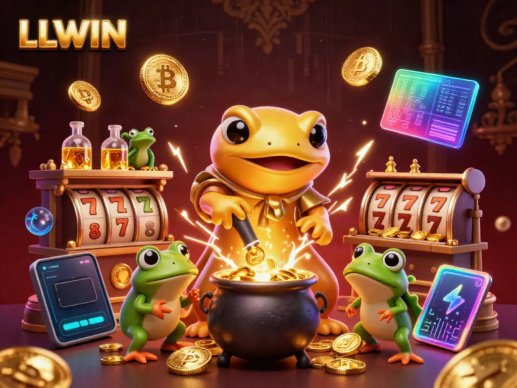 Bet on LLWIN: golden salamander alchemist with bubbling gold cauldron in a vibrant casino scene