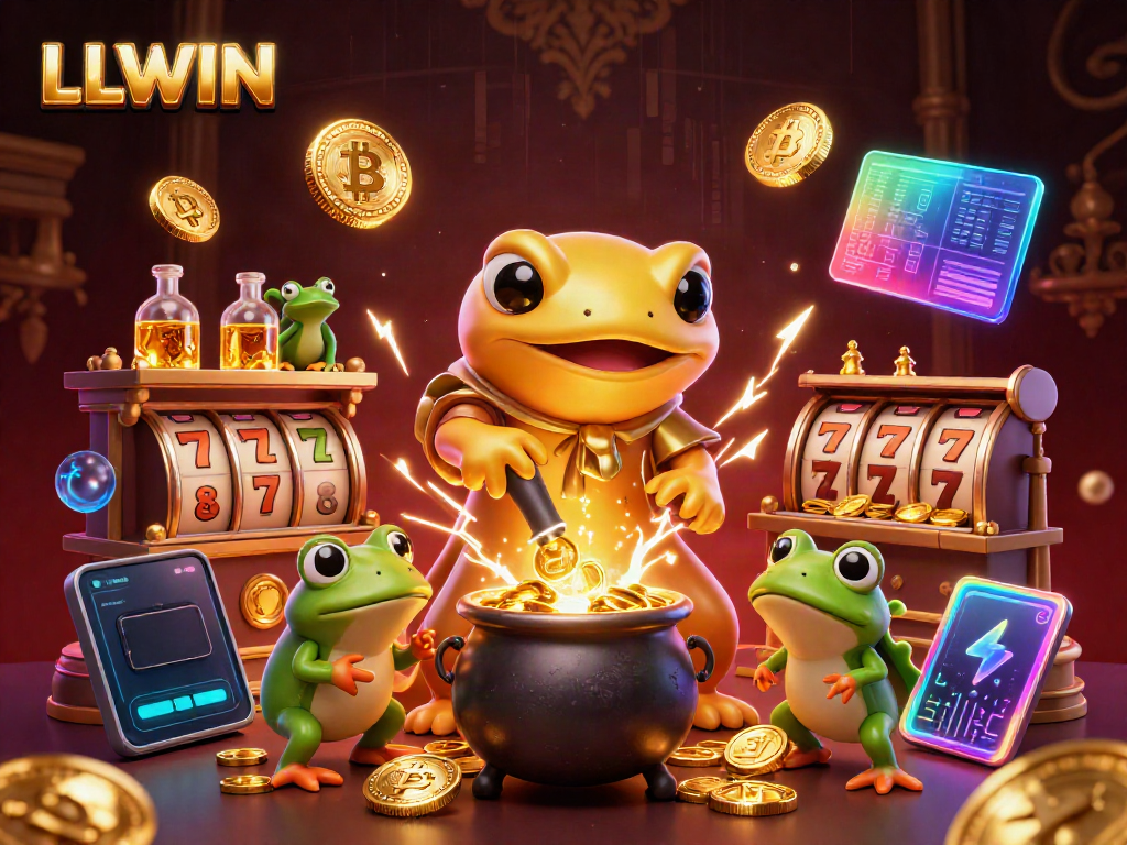 Bet on LLWIN: golden salamander alchemist with bubbling gold cauldron in a vibrant casino scene