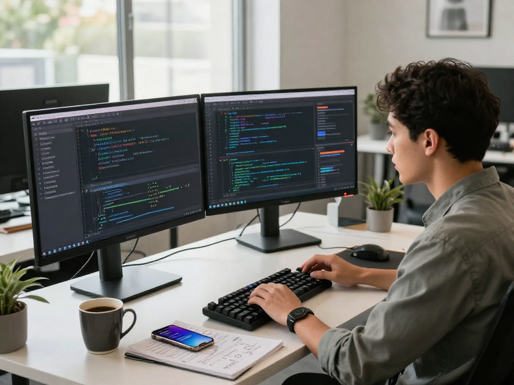 Developer coding in a modern office focused on lavowin login, showcasing productivity and tech atmosphere.