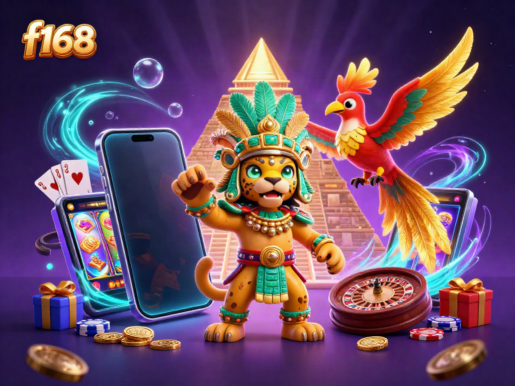 Experience thrilling casino games with f168 alongside a Mayan jaguar priest and quetzal bird.