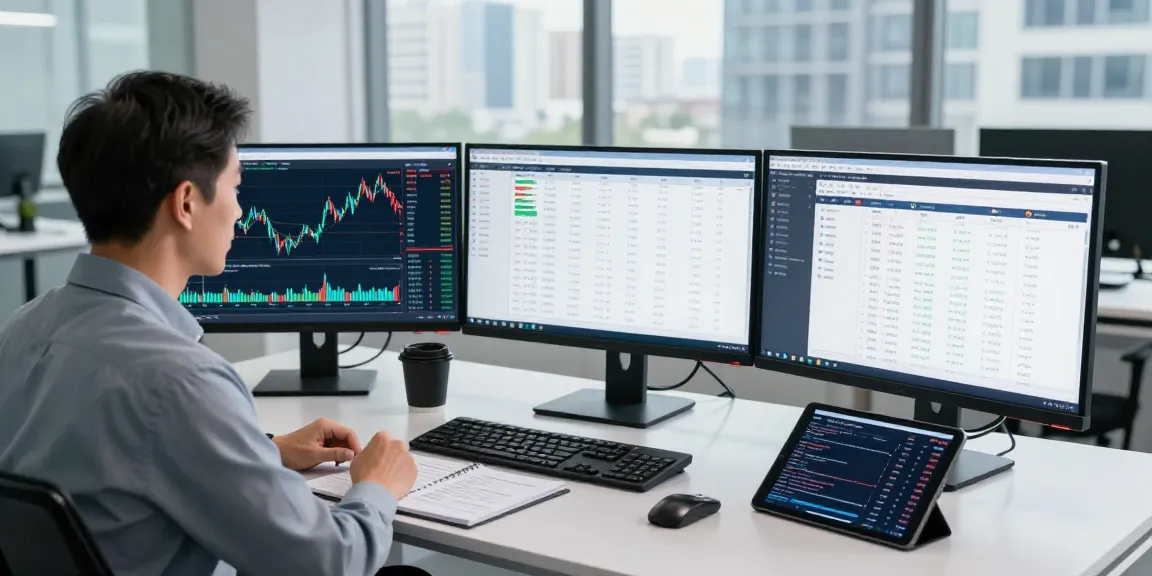 Trader analyzing real-time data on the MetaTrader 5 platform in a modern office.