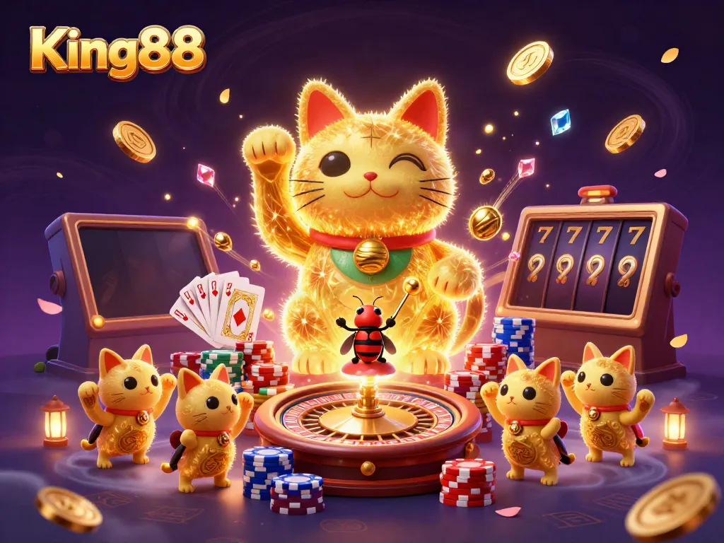 Engage with King88's thrilling 3D lucky cat and casino symbols in this dynamic illustration.