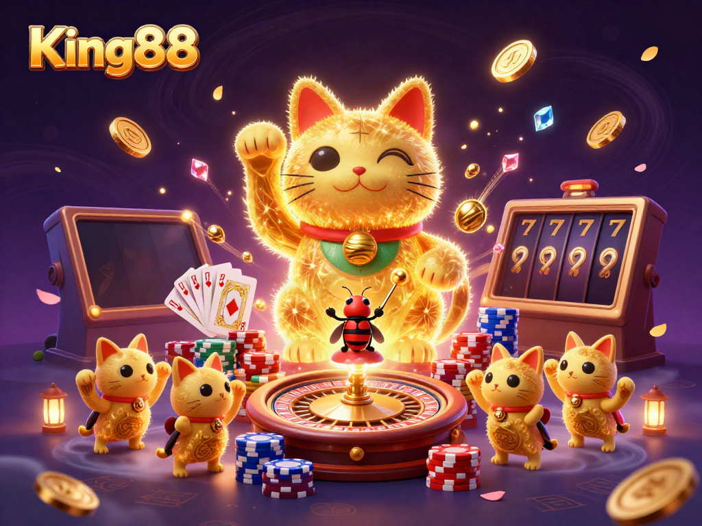 Engage with King88's thrilling 3D lucky cat and casino symbols in this dynamic illustration.