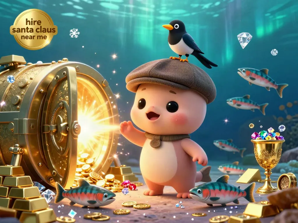 Hire Santa Claus near me as a playful cartoon Nessie celebrates with gold treasure and vibrant underwater elements.