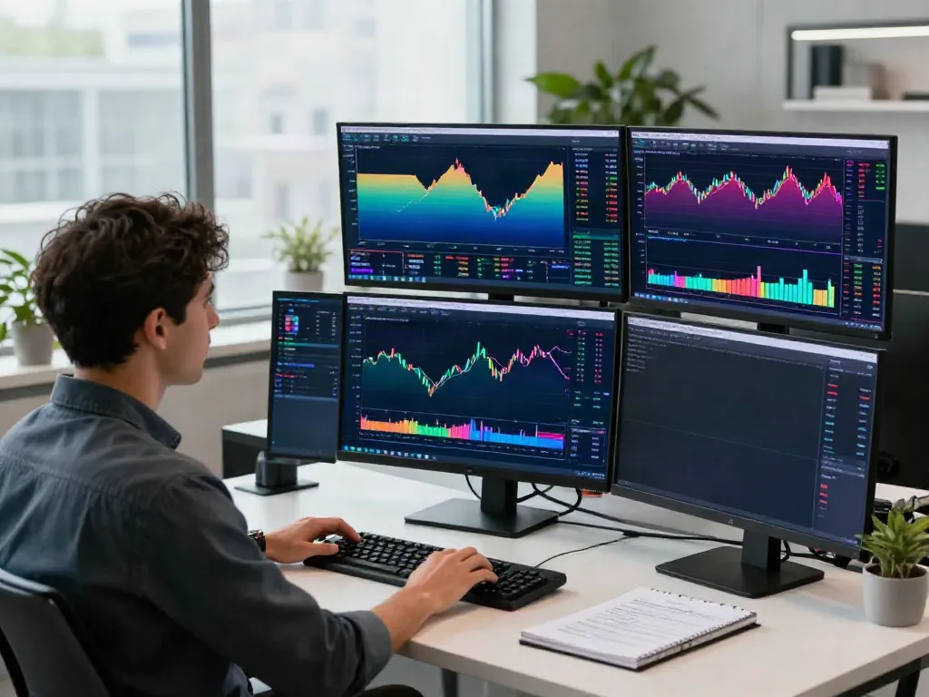 Trader utilizing TradingView for market analysis in a modern workspace.