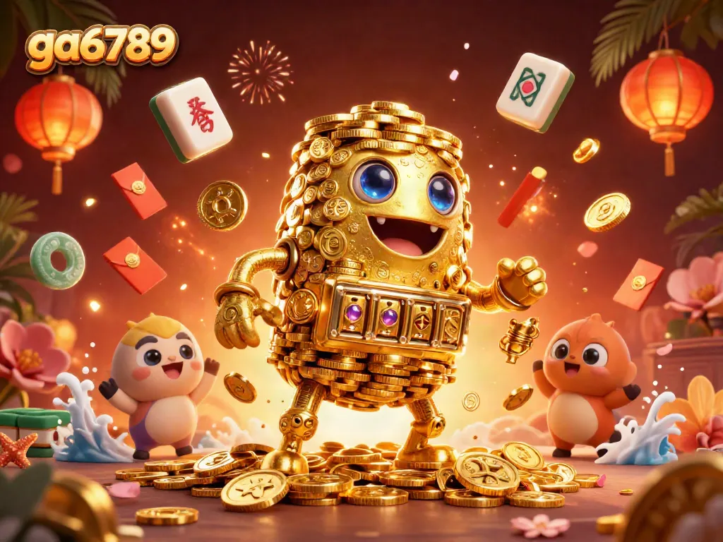 Experience thrilling games at ga6789 with a vibrant 3D illustration featuring golden golems.