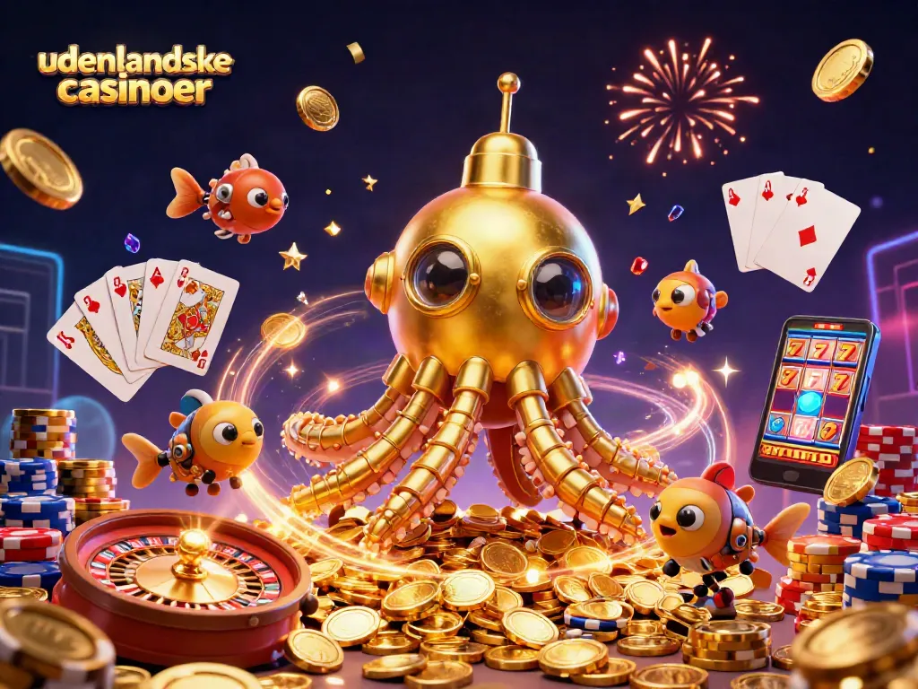 Experience the thrill of udenlandske casinoer as the golden kraken submarine surfaces amid spinning roulette and vibrant poker elements.