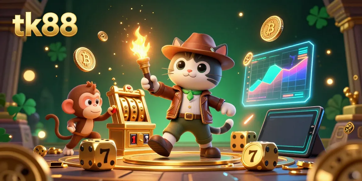 Experience rich gaming action with tk88 as the cat explorer uncovers a golden slot machine artifact.