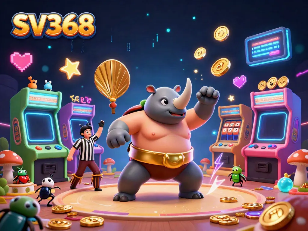 Experience excitement at SV368 with a vibrant 3D illustration of a rhinoceros beetle champion amidst casino elements.