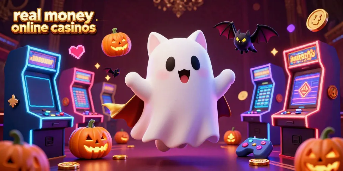 Experience vibrant real money online casinos with a friendly ghost cat, a bat, and glowing poker pumpkins.
