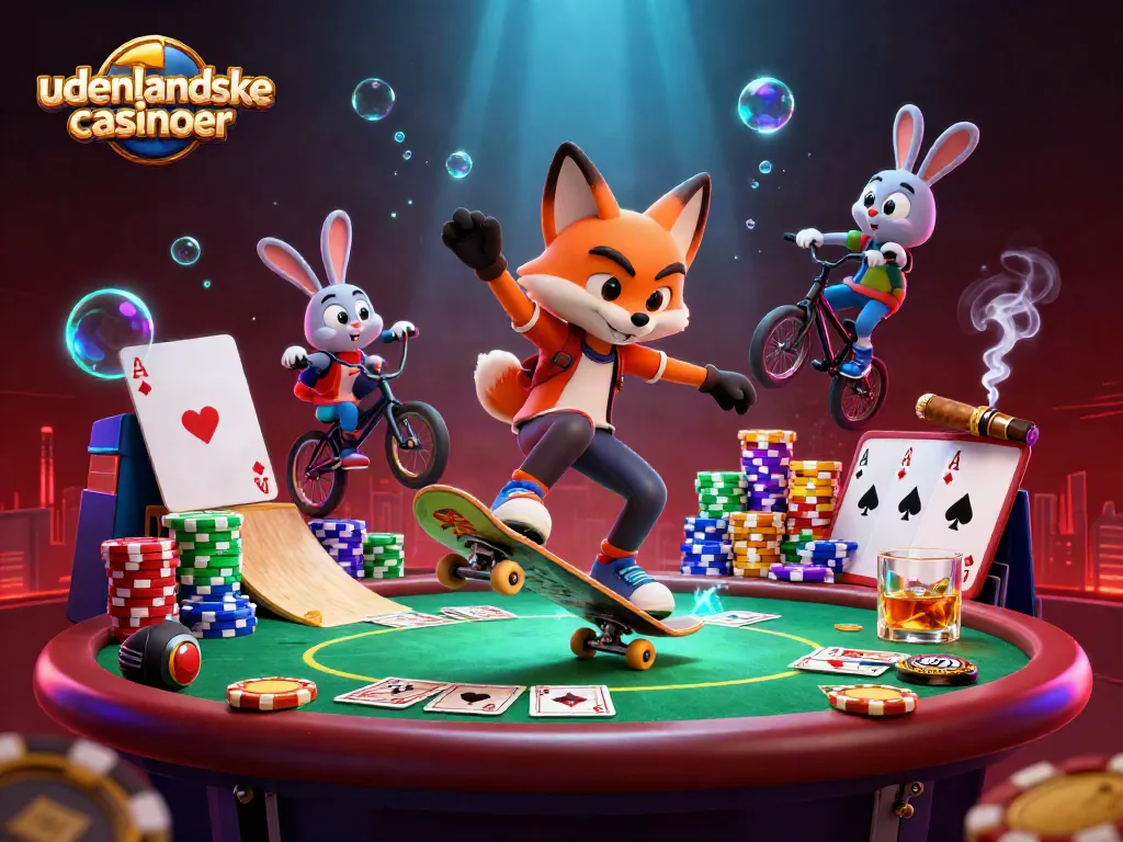 Experience high energy at udenlandske casinoer highlighted by a skateboarder fox and BMX rabbit.