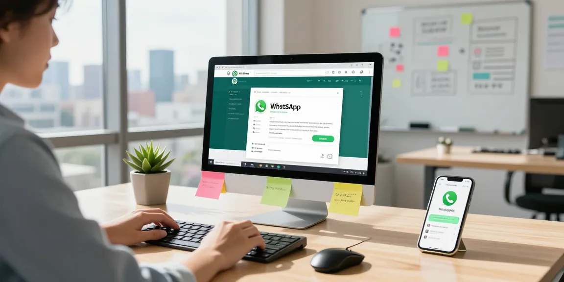 User engaging with WhatsApp網頁版 on a laptop in a modern office.