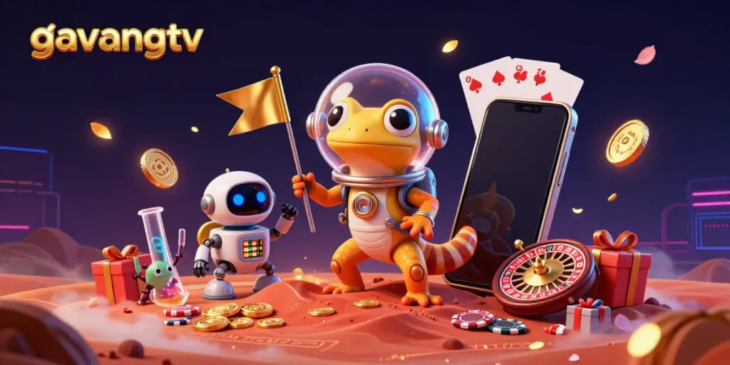 Explore the vibrant online gaming universe of gavangtv featuring a Martian gecko discovering a golden casino.