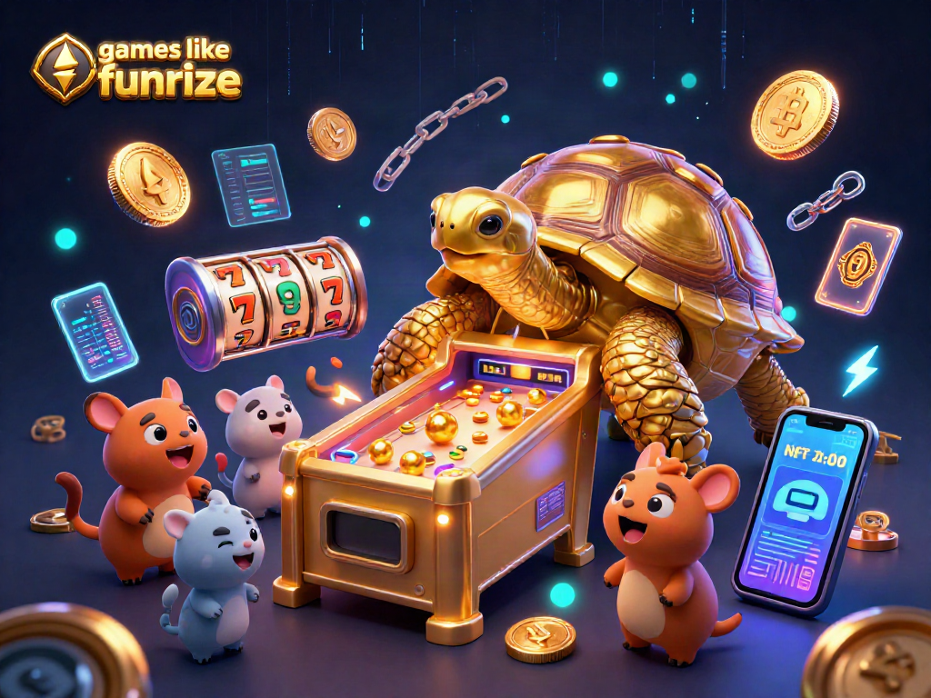 Play exciting games like Funrize with a vibrant 3D illustration showcasing casino elements and lively characters.