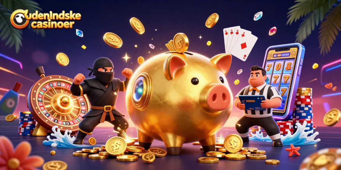 Experience the excitement of udenlandske casinoer through this dynamic 3D illustration with golden coins and vibrant characters.