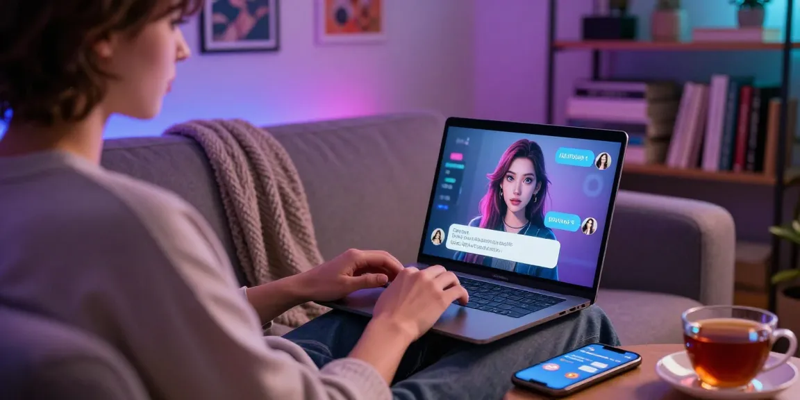 User engaging in an AI chat NSFW experience on a laptop in a cozy atmosphere, showcasing interaction with a lifelike character.