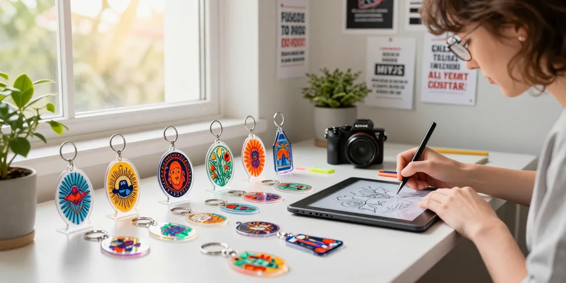 Custom acrylic keychains displayed on a designer's desk, showcasing vibrant designs and creative workspace.