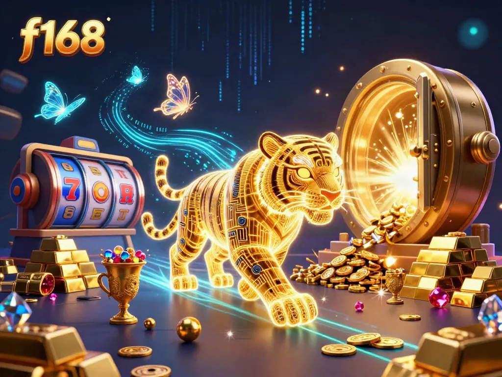 Experience the electrifying f168 casino atmosphere with golden tiger and flaring slot reels.