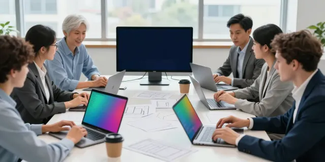Low-cost professional tax software team collaborating in a bright office space.