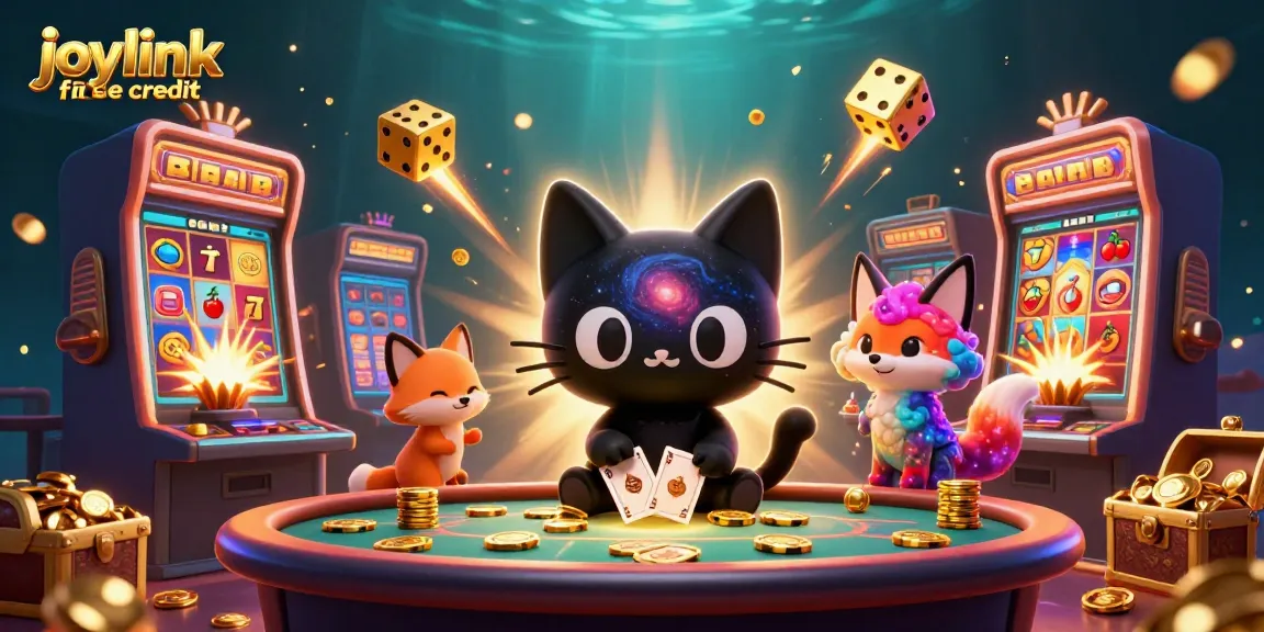 Engage with joylink free credit in a vibrant cosmic casino scene featuring a black hole cat and nebula fox.