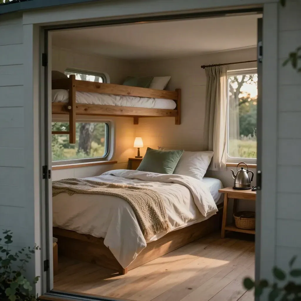 Compact cabin interior with bunk bed, made main bed, lamp, kettle and open curtains to gum trees.