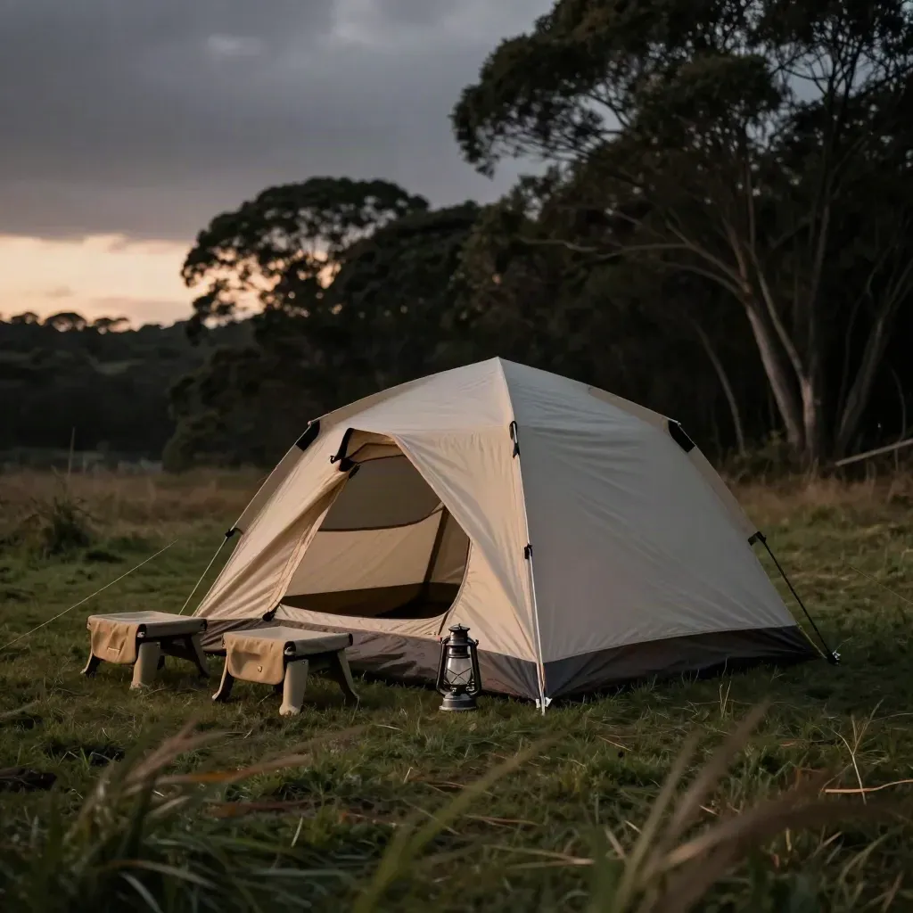 Tent, stools and lantern on a grassy camping pad at dusk