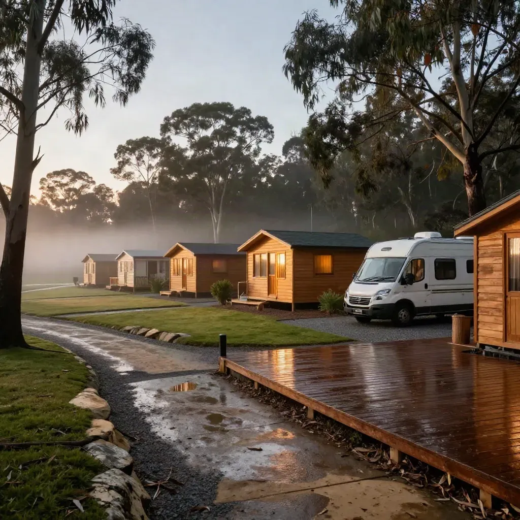 Misty holiday park cabins, caravan and tent pads after rain at first light.