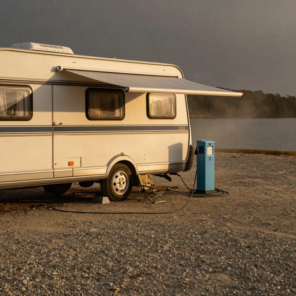 Caravan on a powered gravel bay with awning, hook-up pedestal, and camp chair at dusk.