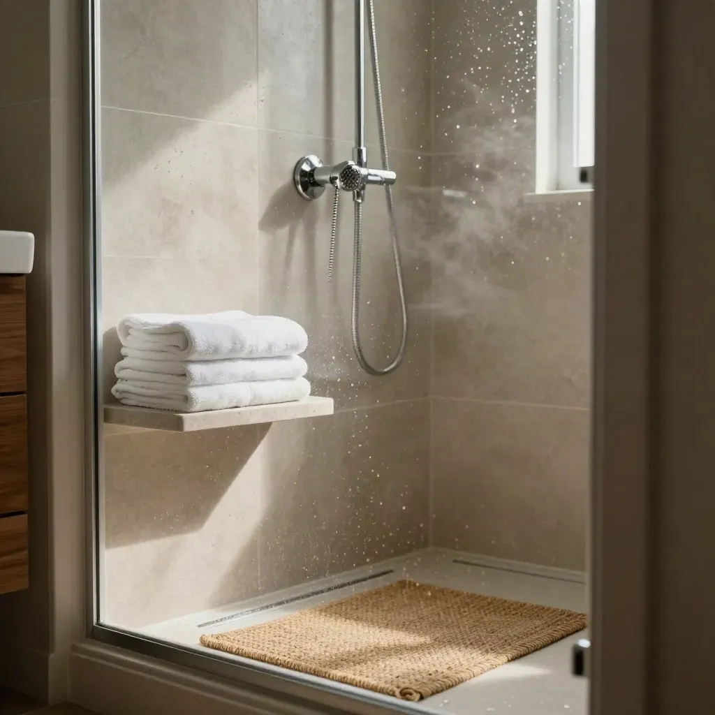 Steam on a spotless ensuite shower with towels, chrome fittings and a woven bath mat