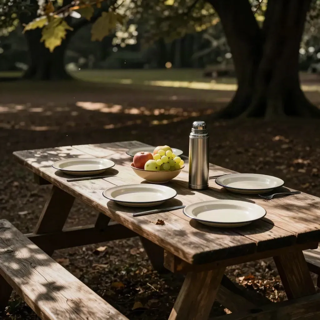 Picnic table under trees with plates, thermos and fruit bowl in dappled sunlight
