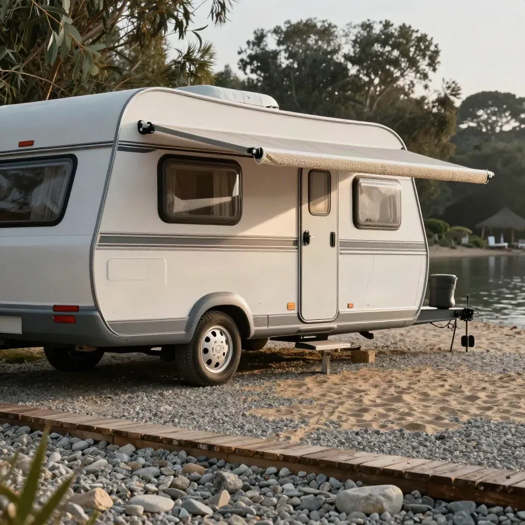 Caravan in a powered bay with awning, mat, and hookup, lit by late afternoon