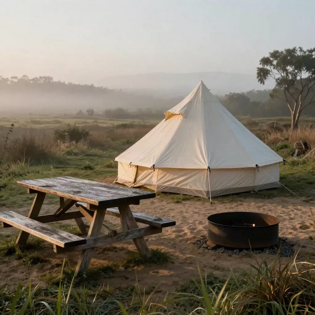 Dusk campsite with tent, picnic table, fire ring and misty amenities block