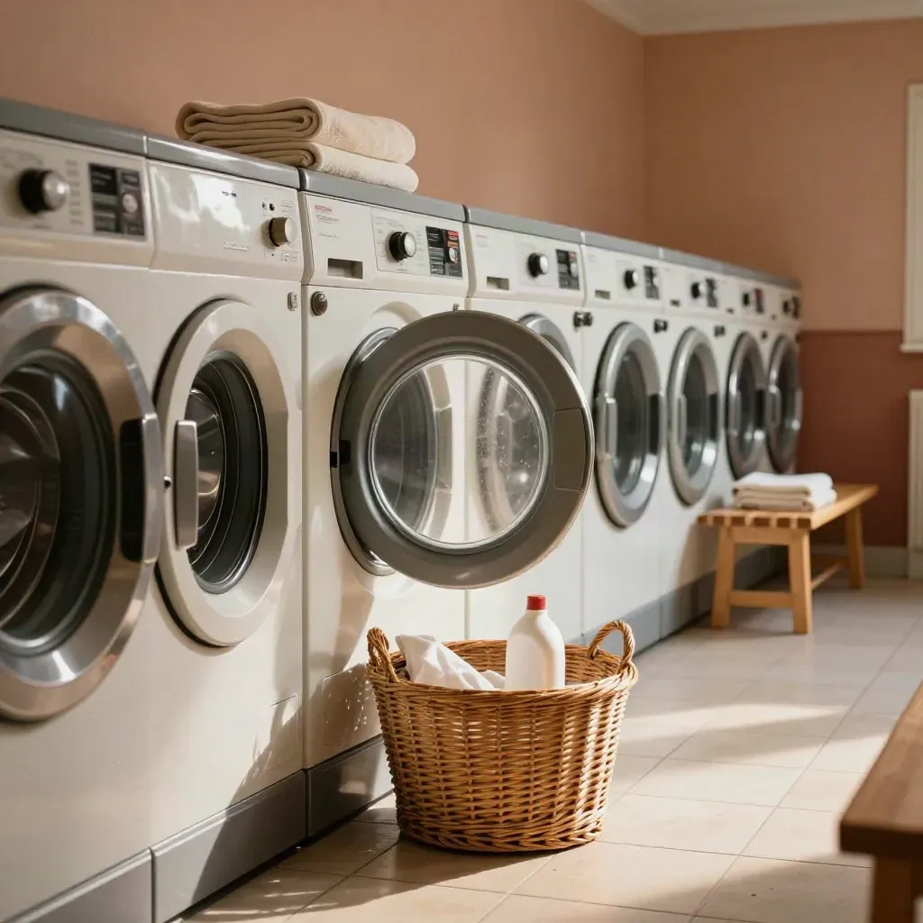 Open laundry washer with basket, detergent, and folded towels in a warm holiday park room.