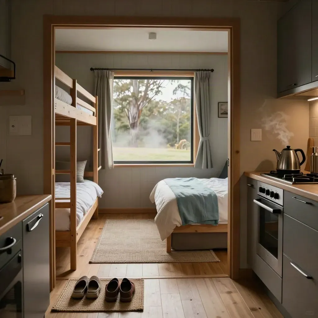 Family cabin interior with bunk beds, steaming kettle, open curtains, and shoes by the mat.