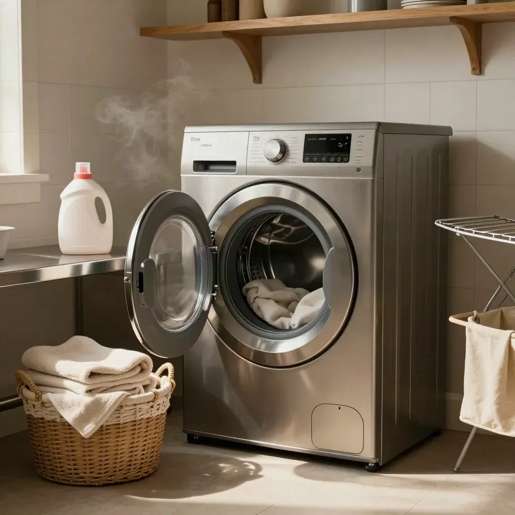 Open washer, detergent, laundry basket, peg bag and folded towels in a warm holiday park laundry