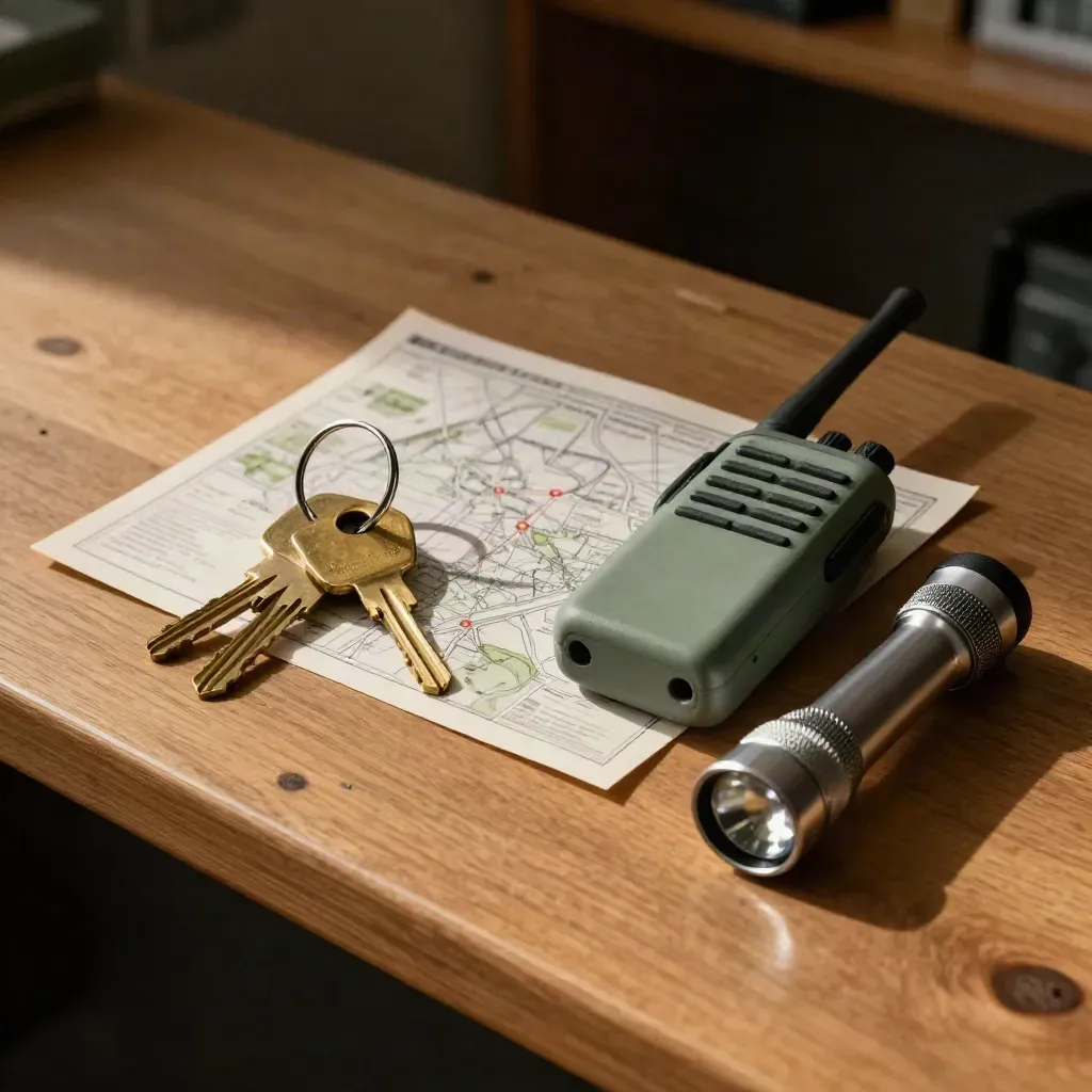 Keys, radio and torch on a timber counter, ready for a morning park round.