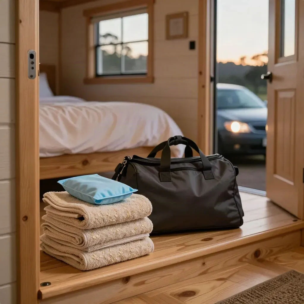 Cabin doorway with stacked towels, packed bag, made bed, and car lights at dawn.