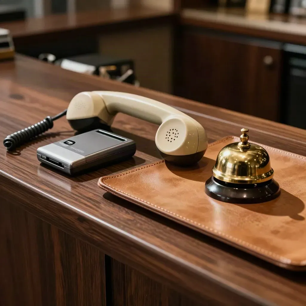 Handset, card reader, bell and leather tray on a dark reception counter