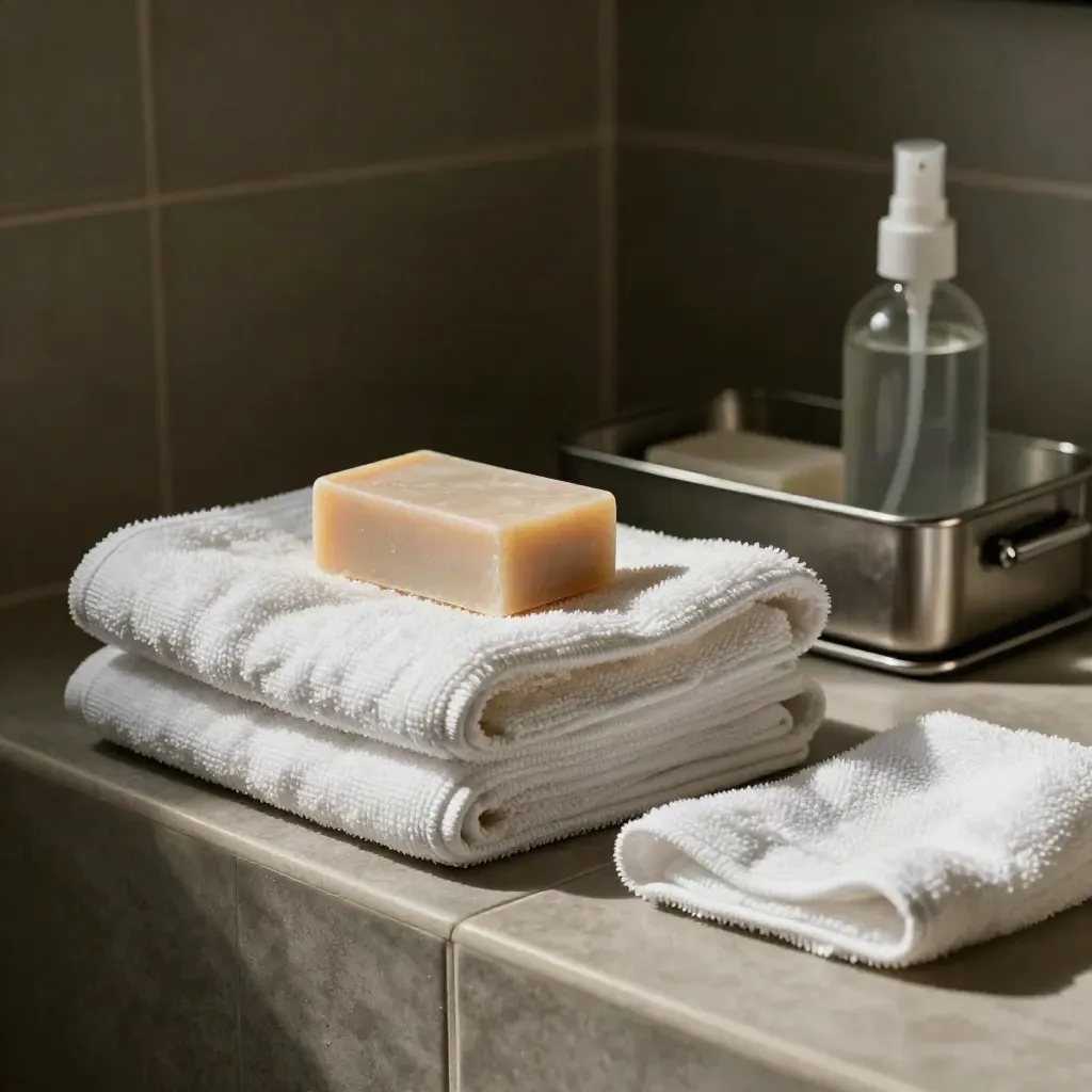Fresh towels, soap bars, caddy and spray bottle on tiled ledge in warm light