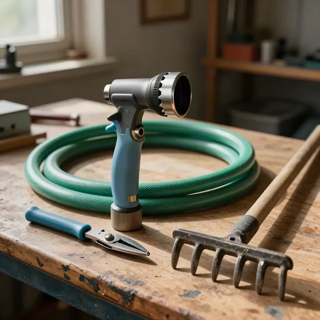 Cleaned garden tools on a workshop bench, with a hose nozzle, hose coil, secateurs, and rake head.