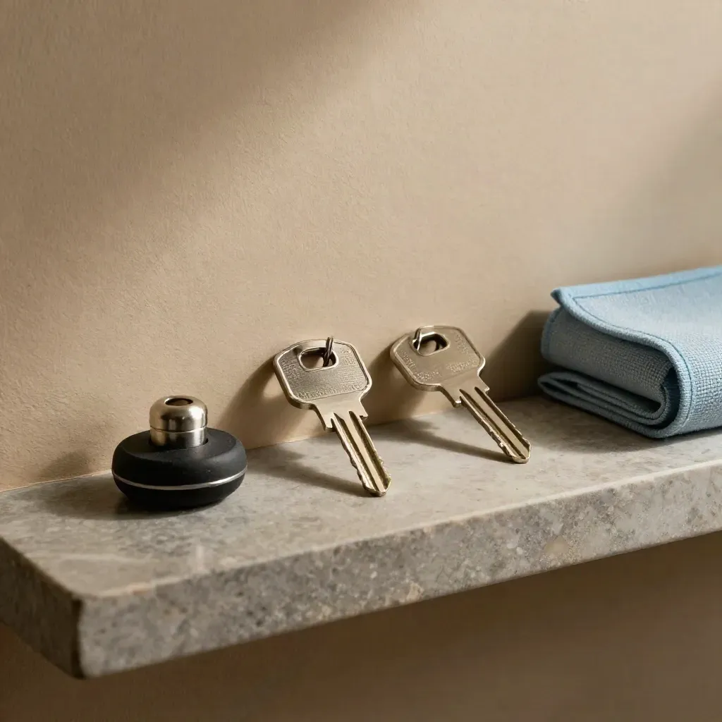 Three blank keys, a wheel chock, and a rolled canvas swatch on stone under soft side light.