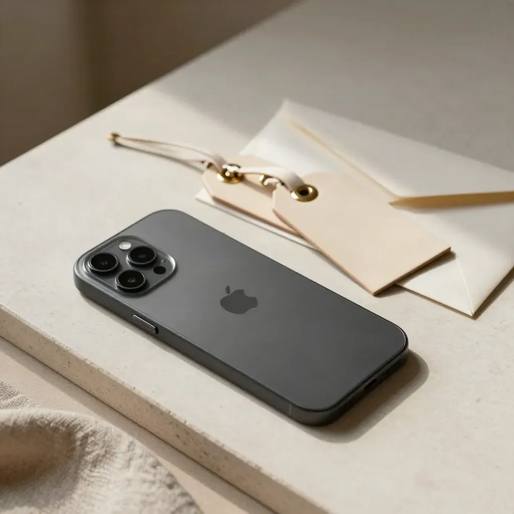 Face-down phone, two blank luggage tags, and a sealed envelope on pale stone, ready to send.