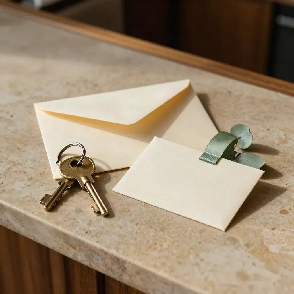 Key ring, sealed envelope and folded card sleeve on a limestone counter in soft side light.