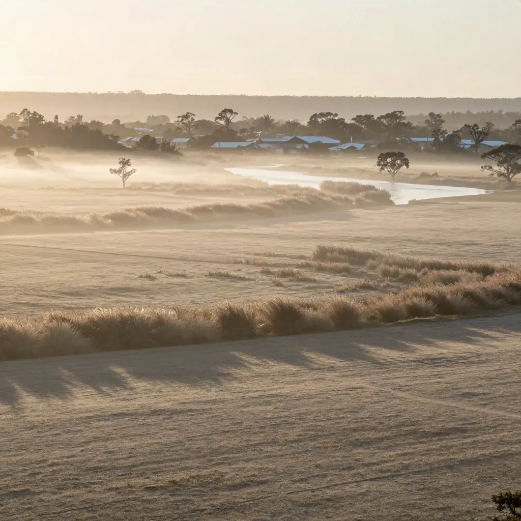 Dawn mist over the Mitchell River flats and low Bairnsdale town edge