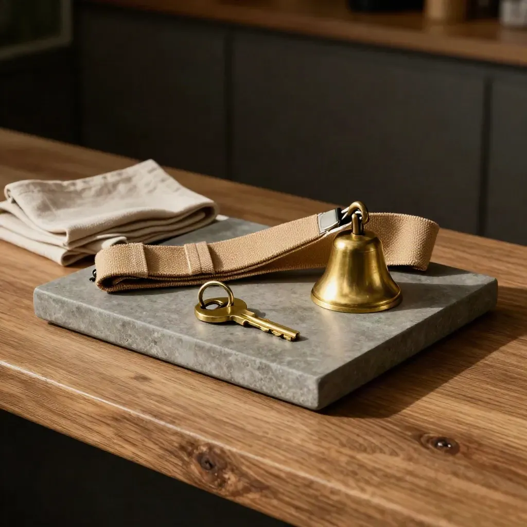 Cabin key, brass bell and tote strap on a stone tray at a timber bench.